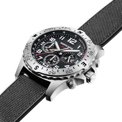 NORTH EDGE Men’s Solar Powered Watch with TPR & Nylon Strap, Quartz Analog Watch, 50M Water Resistant, 316 Stainless Steel Case, Hardened Mineral Glass, 22mm Strap