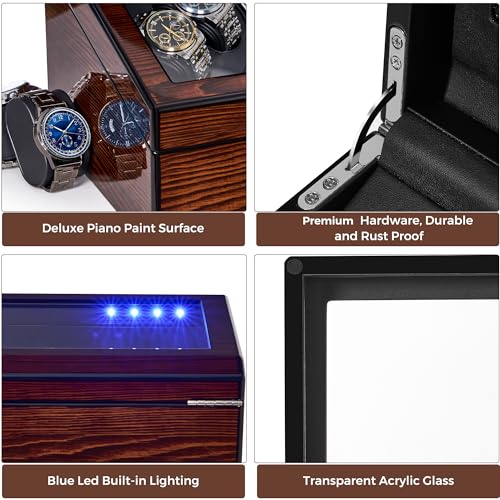 BEWISHOME Watch Winders for Automatic Watches, Automatic Watch Winder Box Watch Spinner with LED Light, 4 Watch Winder with Quiet Running Motor and 6 Storage Case for Man/Woman's Watches, Brown SYQ01Y