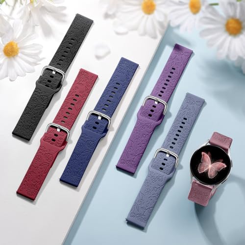 SNBLK Floral Engraved Bands Compatible with Samsung Galaxy Watch Band 7 6 5 4 Active 2 40mm 44mm/5 Pro/Watch 3, 6 Pack 20mm Flower Soft Silicone Replacement Strap for Samsung Watch 7 Bands for Women