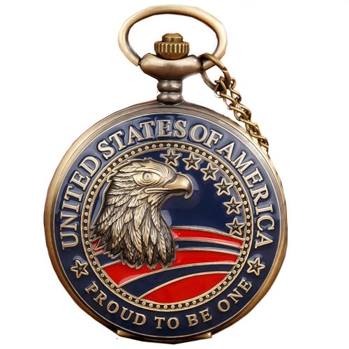 DerMacht American Eagle Flag USA US Flag Patriotic Quartz Watch with Chain Arabic Numerals Independence Day