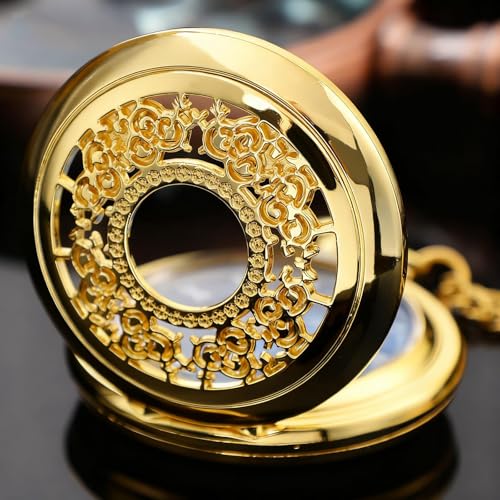 Tiong Luxury Gold Pocket Watch Hollow Blue Star Roman Numerals Quartz Pocket Watches with Chain Christmas Graduation Birthday Gifts Fathers Day(24-Gold)