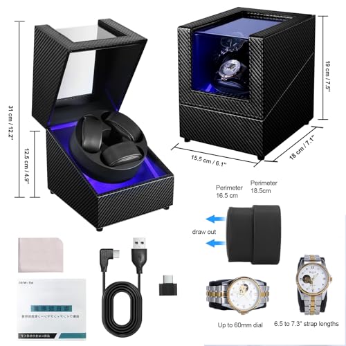 Anyasun Watch Winder for Automatic Watches,3 Watch Winder Box with LED Display, Ultra Quiet Japanese Motor,4 Rotation Modes,Watch Shark for Men & Women,USB-C Power