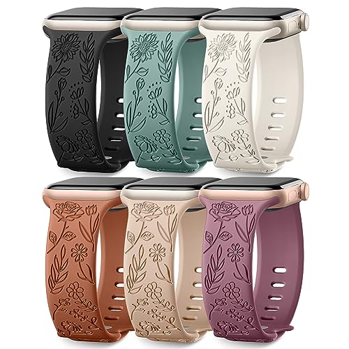 6 Pack Floral Engraved Bands Compatible with Apple Watch Bands 44mm for Women 40mm 41mm 45mm 49mm, Adjustable Comfortable Soft Silicone for iWatch Bands 38mm Womens Series
