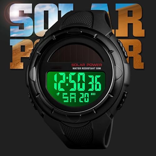 Gosasa Men's Outdoor Sports Multifunction Solar Power LED Digital Watches 50M Water Resistant (Black)
