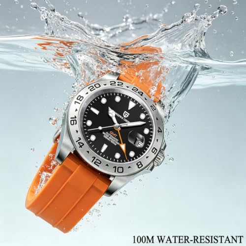 CEYADG Pagani Design Watches for Men Automatic Mechanical GMT Watch Analog Sapphire Glass Stainless Steel Sport Waterproof Luminous Men's Wrist Watches (Orange Strap Black Dial)