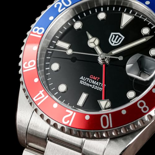 watchdives GMT Watches for Men WD0014 Dual Time Zone Dive Watch NH34 Automatic Vintage Wristwatch 40mm Aluminum Bezel (Black White/Red Blue)