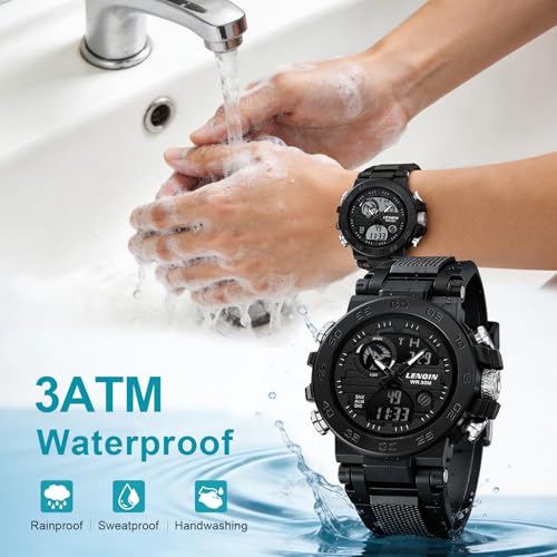 LN LENQIN Mens Watches Digital Military Watch for Men Stopwatch Army Survival Tactical Sports Outdoor Big Face Waterproof Men's Wrist Watches with LED Backlight/Timer/Alarm/Date (Black)