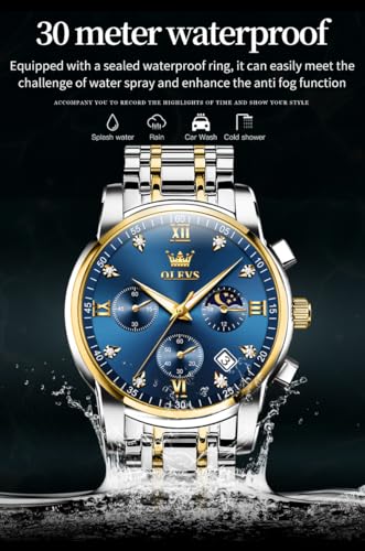 OLEVS Watch for Men Diamond Business Dress Analog Quartz Stainless Steel Waterproof Luminous Date Two Tone Luxury Casual Wrist Watch Blue