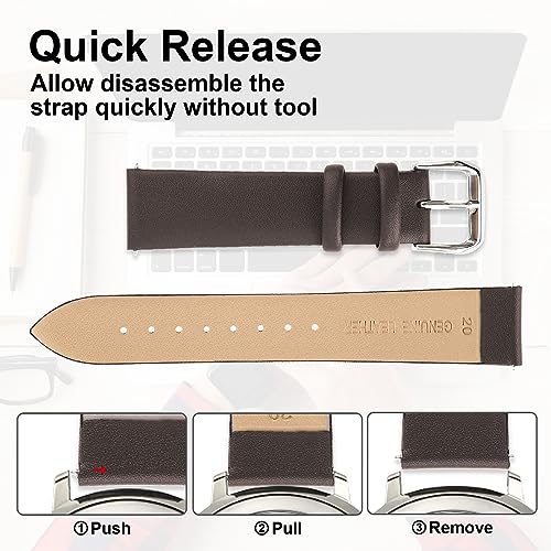 Cobee Leather Watch Straps - Soft Calfskin Leather Watch Band Quick Release Replacement Watchband for Men & Women - Universal Watches Bracelet - Stainless Steel Clasp Buckle (Dark Brown, 20mm)