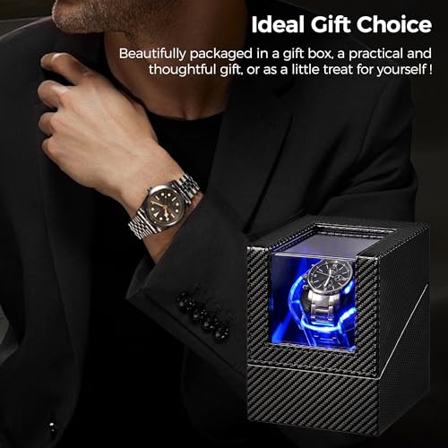 ANWBROAD Watch Winder for Automatic Watches, 4 Modes Single Automatic Watch Winder box with LED Crystal Design, Rotating Watch Case with Super Quiet Motor with Type-C Adapter,UJWW006C
