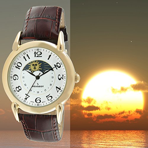 Peugeot Men's 14K Gold Plated Vintage Moon Phase Leather Dress Watch