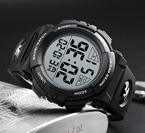 SKMEI Large Face Digital Watch Men’s Sports Waterproof LED Military Wristwatches Chronograph Alarm Clock (Black)