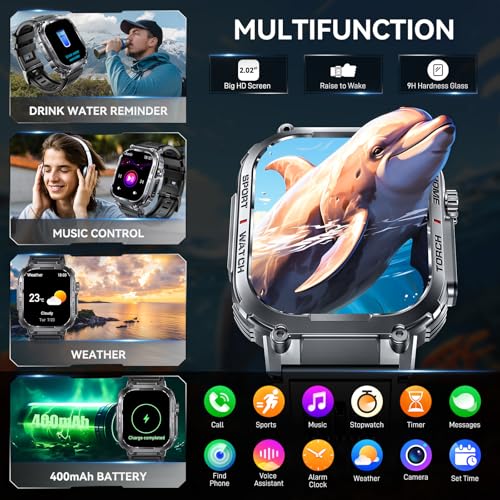 Bassizo Military Smart Watch for Men 3ATM Waterproof with Call/LED Flashlight 2.02" HD Big Screen Rugged Tactical Smartwatch with Compass Fitness Tracker with HR/SPO2/Sleep Monitor for iPhone Android