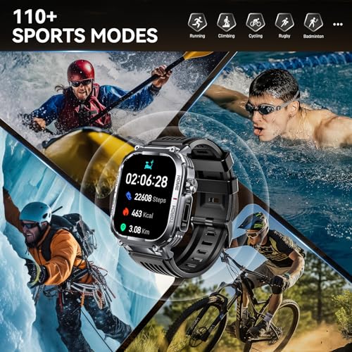 Bassizo Military Smart Watch for Men 3ATM Waterproof with Call/LED Flashlight 2.02" HD Big Screen Rugged Tactical Smartwatch with Compass Fitness Tracker with HR/SPO2/Sleep Monitor for iPhone Android