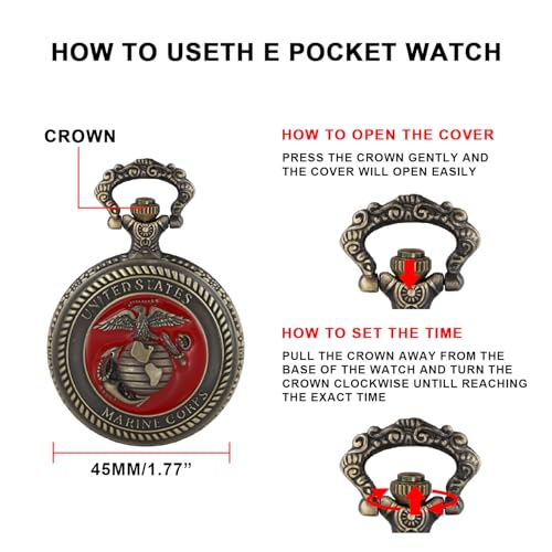 Realpoo Red Antique Landmine Solid Face Design Quartz Men's Pocket Watch, Arabic Numeral Dial with Chain Pocket Watch for Men