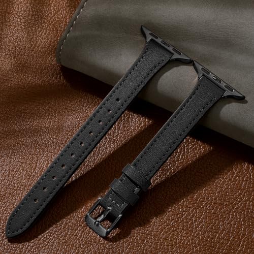 Charlam Slim Leather Band Compatible with Apple Watch Band 40mm 38mm 41mm 42mm 44mm 45mm 46mm Women,Top Grain Genuine Leather Strap Thin Wristband for iWatch Series 11 10 9 8 7 6 5 4 3 2 1 SE 3,Black