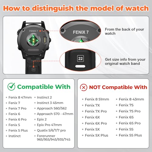 ANCOOL for Garmin S62 Watch Band/Forerunner 945/955/965/970 Watch Bands 22mm Silicone Band for Fenix 8 47mm/Fenix 7/6/5 Bands Replacement for Fenix 6 pro/7 pro/Epix Gen 2 47mm(Black)