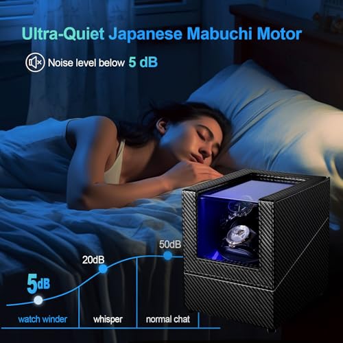 J&T Technology Watch Winder for Automatic Watches,Automatic Watch Winder with LED Light,Rotating Watch Case with Japanese Quiet Motor,4 Rotation Modes,USB Type C