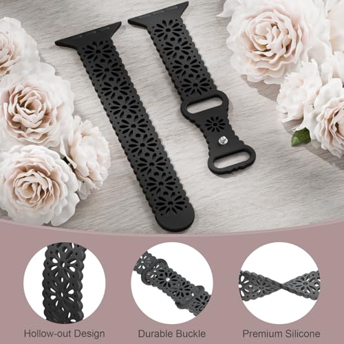 Slim Lace Hollow-out Silicone Bands Compatible with Apple watch Band for Women 38mm 40mm 41mm 42mm 44mm 45mm 46mm 49mm, Soft Thin Floral Engraved Strap for iWatch Series 11 10 9 8 7 6 5 4 3 SE Ultra