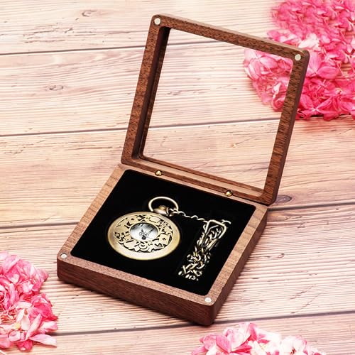 COSISO Walnut Wood Pocket Watch Box with Clear Acrylic Lid Portable Single Pocket Watch Display Storage Travel Case Organizer for Men Women (Contain Chain Clamp Slot)