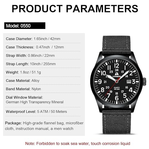 LN LENQIN Mens Watches Unisex Military Sport Nylon Strap Stylish Luminous Fashion Analog Quartz Watch for Men Waterproof Army Tactical Casual Wristwatch