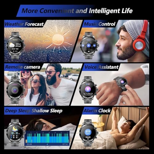 OHUGNA Men's Smart Watch Round HD 1.53" Gold Blue Smart Watches for Men, Multiple Sports Modes, Bluetooth Voice Call. Available for iOS and Android (All Black Steel Strap)