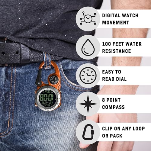 Dakota Digital Backpacker Clip, Fob and Pocket Watch, Alarm, Stopwatch, Timer and Dual Time, Outdoor Gifts for Men and Women, Tactical Digital Watch
