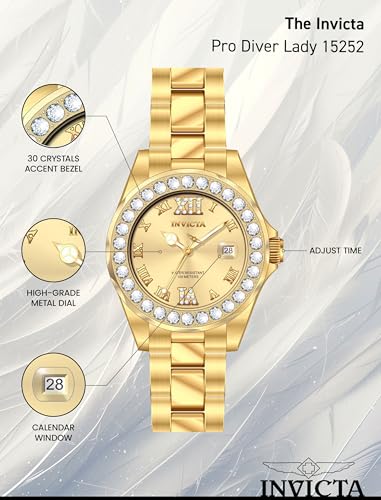 Invicta Women's 15252 Pro Diver Gold Dial Crystal Accented 18k Ion-Plated Stainless Steel Watch