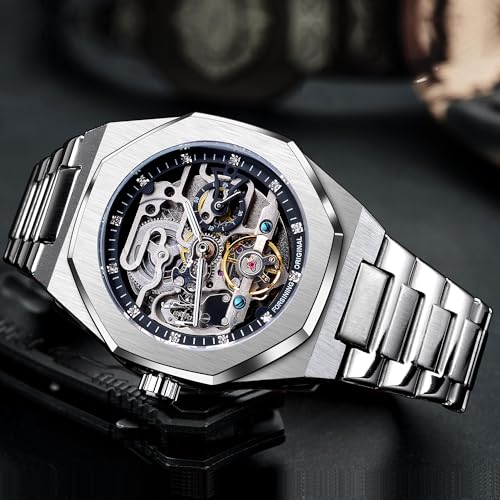 FORSINING Automatic Watch Mechanical Wrist Watch for Men Octagonal Waterproof Skeleton Watches Luxury Diamond Tourbillon Silver Stainless Steel Band