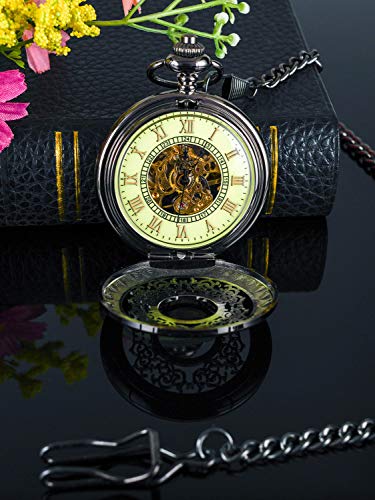 BOSHIYA Mechanical Pocket Watch, Luminous Skeleton Black for Men.
