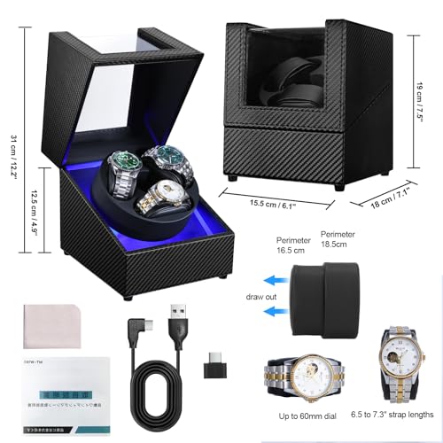 J&T Technology Watch Winder for Automatic Watches,Automatic Watch Winder with LED Light,Rotating Watch Case with Japanese Quiet Motor,4 Rotation Modes,USB Type C