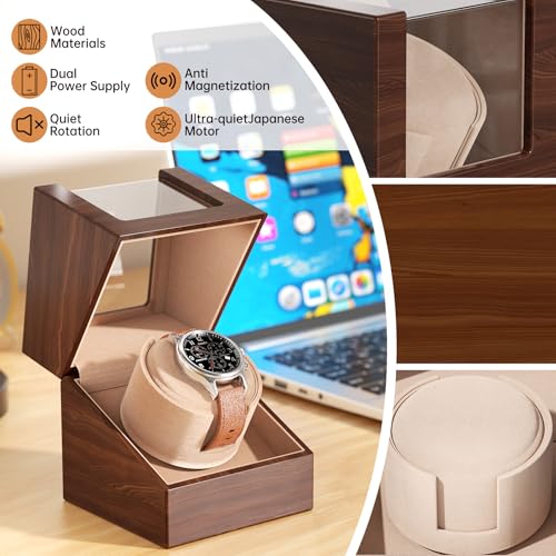 Racokky Watch Winder for Automatic Watches, Anti-Magnetic Single Watch Winder Box for Rolex, Luxury Wooden Case, Quiet Japanese Motor, Soft Velvet Pillow, Battery or Type-C, Premium Gift for Men