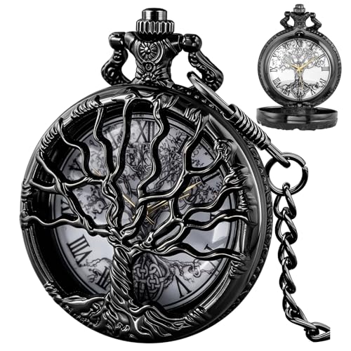 Tiong Pocket Watch Hollow Tree Design Roman Numerals Quartz with Chain Birthday Gifts(Black)