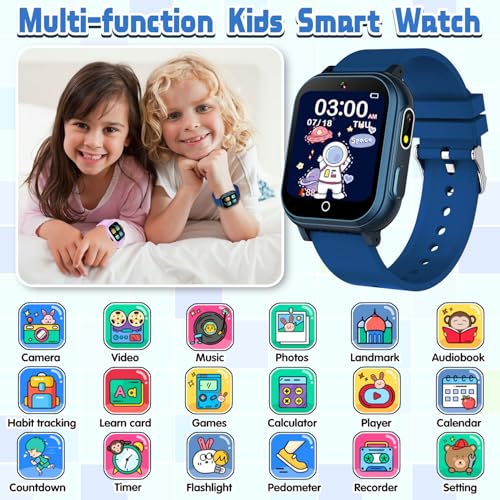 Kids Smart Watch Gift for Boys Ages 3-12, IP67 Waterproof, 32 Puzzle Games, HD Touchscreen Dual Camera Vedio Pedometer Music Player, Kids Watch Toy Birthday Gifts for Boys Ages 5 6 7 8 9 10 (Blue)