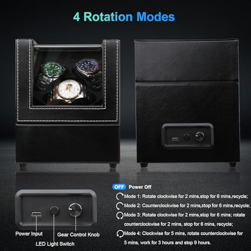 J&T Technology Watch Winder for Automatic Watches,Automatic Watch Winder with LED Light,Rotating Watch Case with Japanese Quiet Motor,4 Rotation Modes,USB Type C