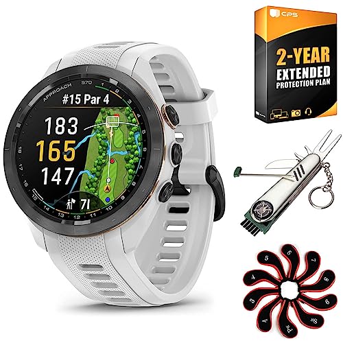 Garmin Approach S70 42 mm Premium GPS Golf Watch, White Band (010-02746-00) | Official USA Partner Model | Bundle with 2 YR CPS Protection Pack, Deco Gear 7-in-1 Golf Tool and Iron Head Covers Set