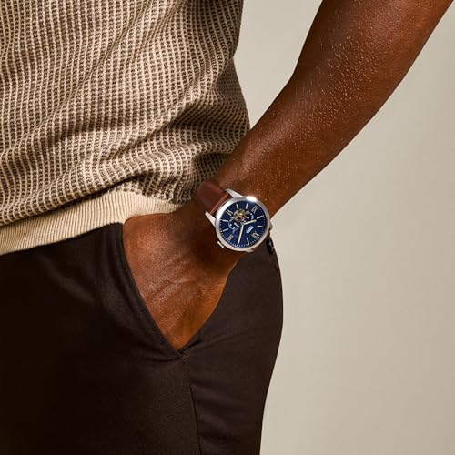 Fossil Men's Watch, Townsman Automatic Stainless Steel and Leather Two-Hand Skeleton Watch for Men, Color: Silver, Brown