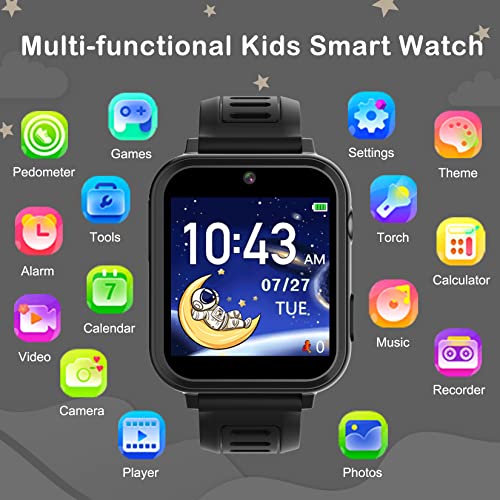 Phyulls Smart Watch for Kids, Smart Watch Toys with 39 Games Camera Video Recorder Music Alarm Calculator Calendar Flashlight Stopwatch Pedometer Gift Toys for 3-12 Years Old Boys and Girls (Black)