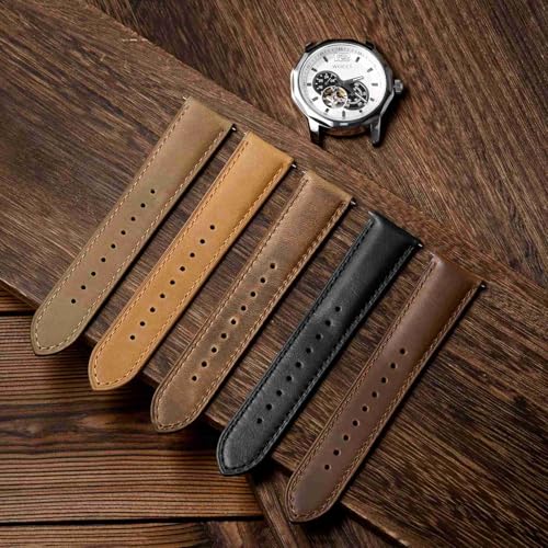 WOCCI 20mm Watch Band, Genuine Leather, Quick Release Replacement Strap, Golden Buckle (Brown)