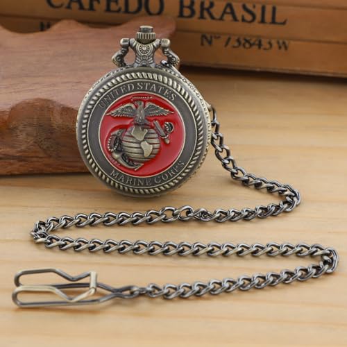 Realpoo Red Antique Landmine Solid Face Design Quartz Men's Pocket Watch, Arabic Numeral Dial with Chain Pocket Watch for Men