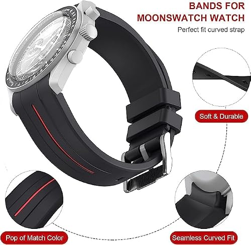 Bands for Moonswatch Watch,Curved No Gap Rubber Strap Compatible with Omega X Swatch Moonswatch Speedmaster/Rolex/SEIKO 20mm Watch,Swatch Omega Moonswatch Speedmaster Watch Replacement Band Men Women (Black gold line)
