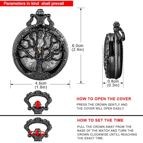 Tiong Pocket Watch Hollow Tree Design Roman Numerals Quartz with Chain Birthday Gifts(Black)