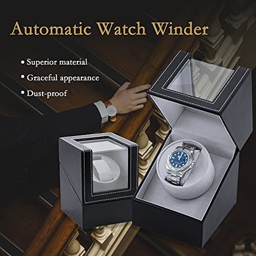 Mcbazel Single Watch Winder, Ultra Quiet Japanese Motor Automatic Watch Winder Box with Multiple Rotation Modes, Premium Watch Winder for Automatic Watches (AC/ Battery Powered) - Black with PU Leather