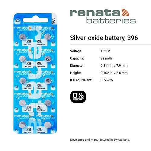 Renata 396 SR726W Batteries - 1.55V Silver Oxide 396 Watch Battery (2 Count)