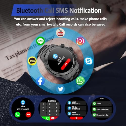 OHUGNA Men's Smart Watch Round HD 1.53" Gold Blue Smart Watches for Men, Multiple Sports Modes, Bluetooth Voice Call. Available for iOS and Android (All Black Steel Strap)