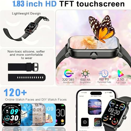 Jacoosa Smart Watches for Men, 1.83" HD Touchscreen with Bluetooth Calling, 120+ Sport Modes Fitness Tracker, IP68 Waterproof, Heart Rate Sleep Monitor Timer, Compatible with Android iOS(Black)