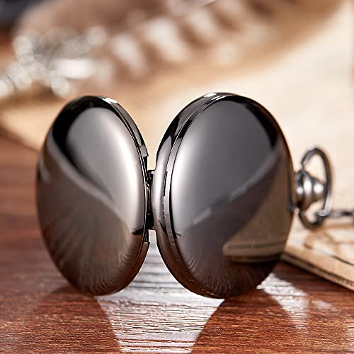 Realpoo SwitchMe Smooth Black Pocket Watch for Men Quartz Arabic Digital Dial with Chain,Smooth Quartz Men's Pocket Watch for Father's Day Christmas Gift - Black