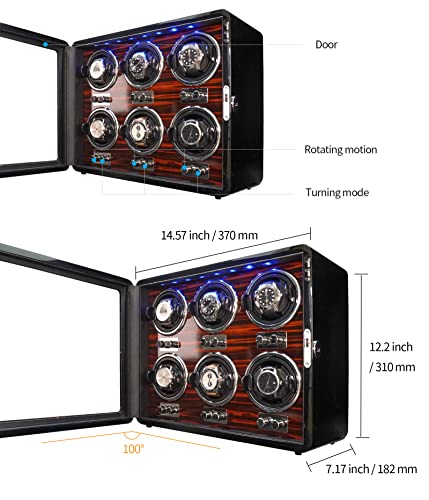 Oryx 6 Watch Winders for Automatic Watches Wooden Rotating Watch Box 15 Rotation Modes Setting Display Case with LED Light, AC or USB Powered Super Quiet Mabuchi Motor