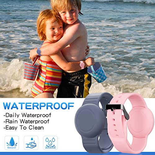 Waterproof Bracelet Compatible with Airtag (1st & 2nd Gen) for Kid, 2 Pack Soft Silicone Hidden Wristband, Lightweight Tracker Watch Band Compatible with Apple Air Tag for Child, Grey Blue & Pink