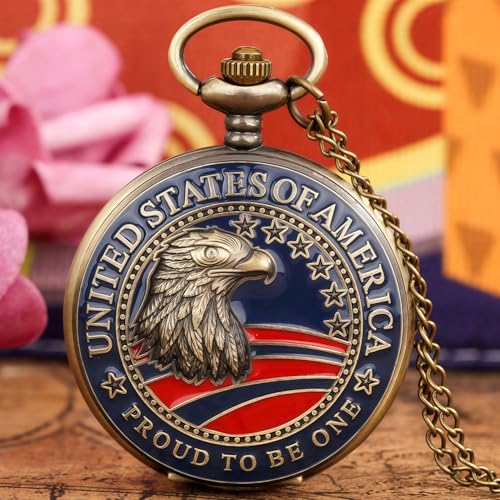DerMacht American Eagle Flag USA US Flag Patriotic Quartz Watch with Chain Arabic Numerals Independence Day